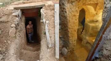 Montagem em que à esquerda, é possível ver o jovem na entrada da caverna que cavou, e à direita uma parte do interior dela - Divulgação / Twitter/ Arquivo Pessoal