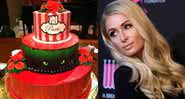 Montagem mostrando foto de bolo de Paris Hilton postada por penetra à esquerda, e a socialite à direita - Divulgação / Facebook / Arquivo pessoal / Getty Images