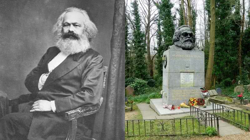 À esquerda, retrato de Karl Marx. À direita, fotografia de seu túmulo, em Londres