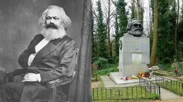 À esquerda, retrato de Karl Marx. À direita, fotografia de seu túmulo, em Londres - Wikimedia Commons / John Jabez Edwin Mayall / Paasikivi