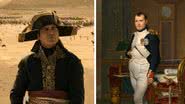 O ator Joaquin Phoenix como Napoleão; à direita, o próprio Bonaparte em pintura - Divulgação/Sony e Wikimedia Commons/Jacques-Louis Davis