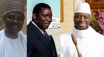 Yakubu Gowon (esq.), Gnassingbé Eyadéma (cen.) e Yahya Jammeh (dir.) - Montagem com imagens Wikimedia Commons