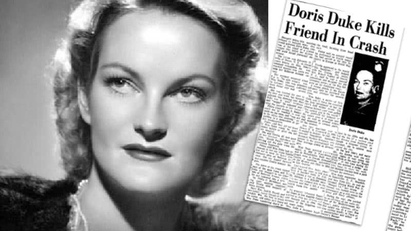 Doris Duke ao lado de edição antiga do jornal Notícias Diárias de NewPort - Divulgação/Sunsigns.org/Domínio Público