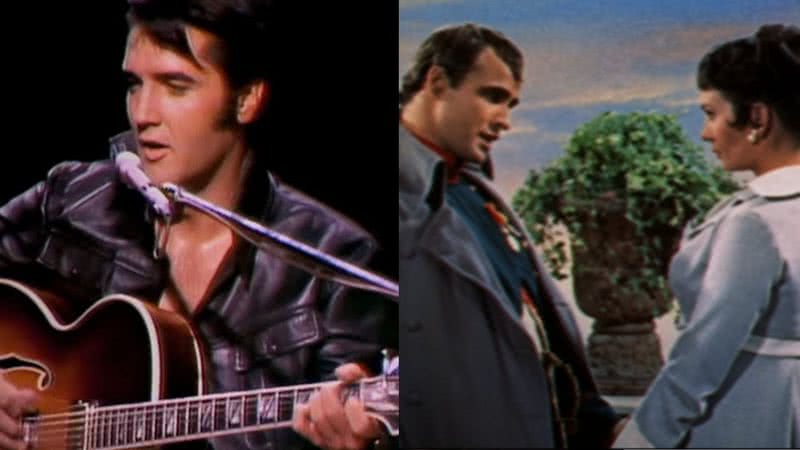 Elvis Presley em apresentação e Marlon Brando e Rita Moreno em “Désirée, o Amor de Napoleão” (1954) - Divulgação/Youtube / ElvisPresleyVEVO / HD Retro Trailers