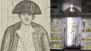 Montagem mostrando ilustração de Charles Byrne e seu esqueleto em museu - Divulgação/ Domínio Público