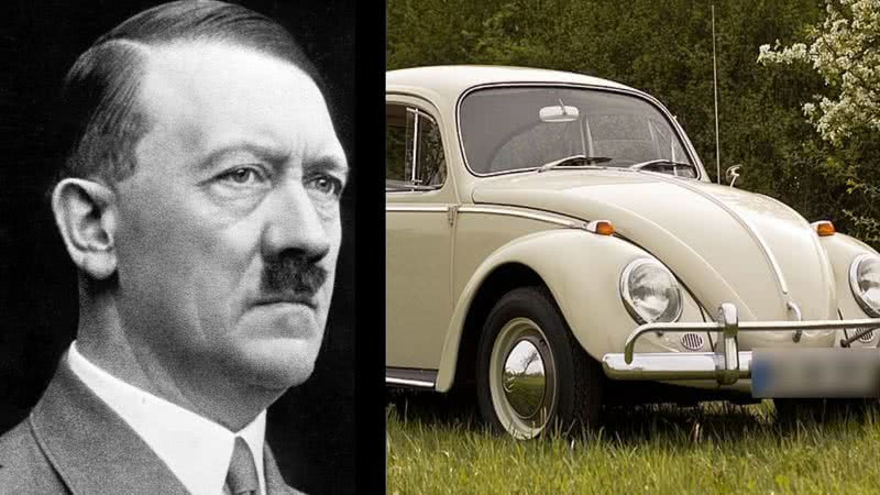 Adolf Hitler e um Fusca - Domínio Público e Vwexport1300 via Wikimedia Commons