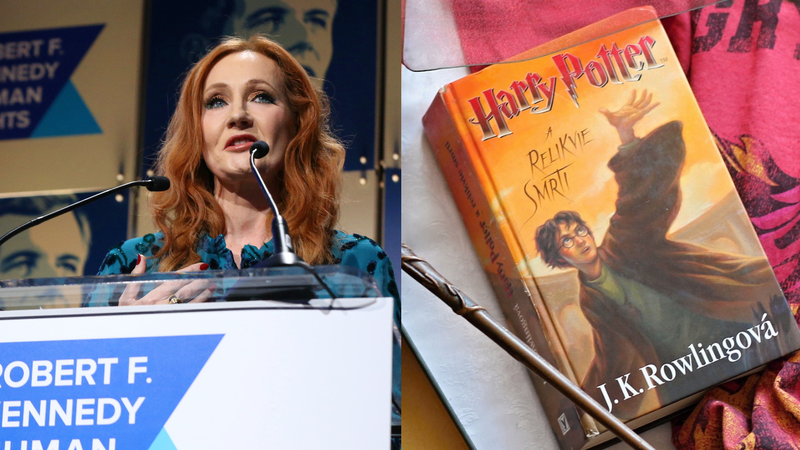 J.K. Rowling discursando em uma premiação (2019) / Capa do último livro de Harry Potter