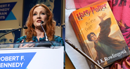 J.K. Rowling discursando em uma premiação (2019) / Capa do último livro de Harry Potter - Getty Images / Pixabay (PetraSolajova)