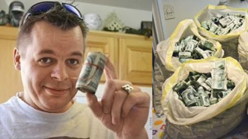 Montagem mostrando fotografia de Josh Ferrin, e o dinheiro escondido no sótão de sua nova casa - Divulgação/ Josh Ferrin/ Arquivo Pessoal