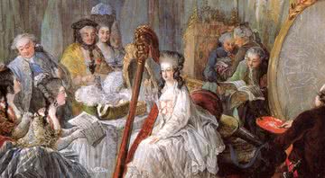 Maria Antonieta tocando harpa na corte francesa, de Jean-Baptiste Gautier Dagoty - Domínio Público/ Creative Commons/ Wikimedia Commons