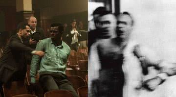 Seu Jorge em "Marighella" e Marighella resistindo à prisão no Cine Eskye-Tijuca, Rio de Janeiro - Divulgação/O2 Filmes/Fundo Correio da Manhã do Arquivo Nacional
