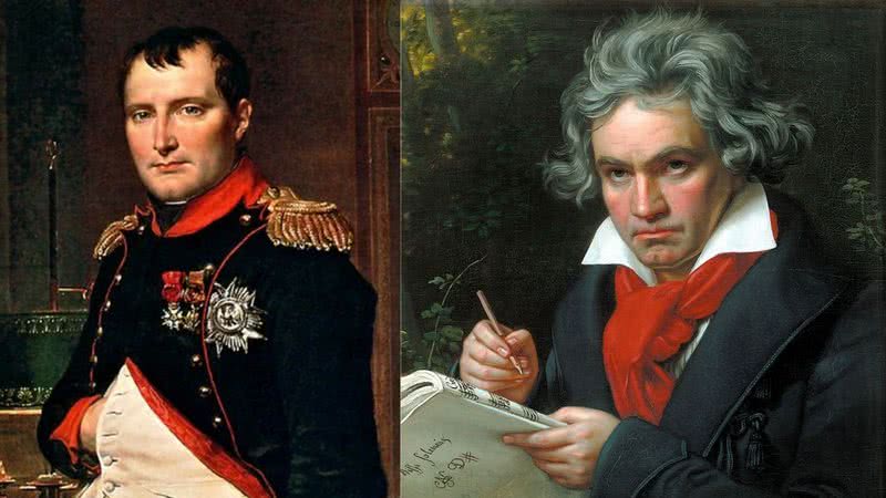 Montagem mostrando pintura de Napoleão (à esq.) e pintura de Beethoven (à dir.) - Wikimedia Commons