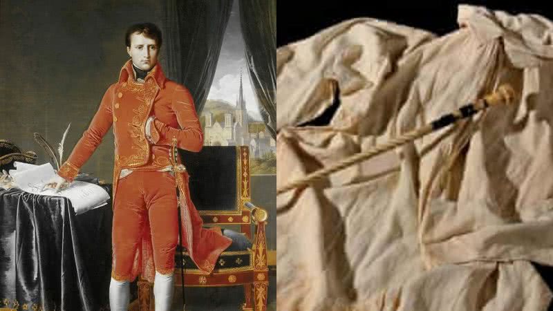 Napoleão Bonaparte (à esq.) e camisola usada por ele (à dir.) - Jean-Auguste-Dominique Ingres  (1780-1867) / Domínio Público, via Wikimedia Commons / Maison Osenat