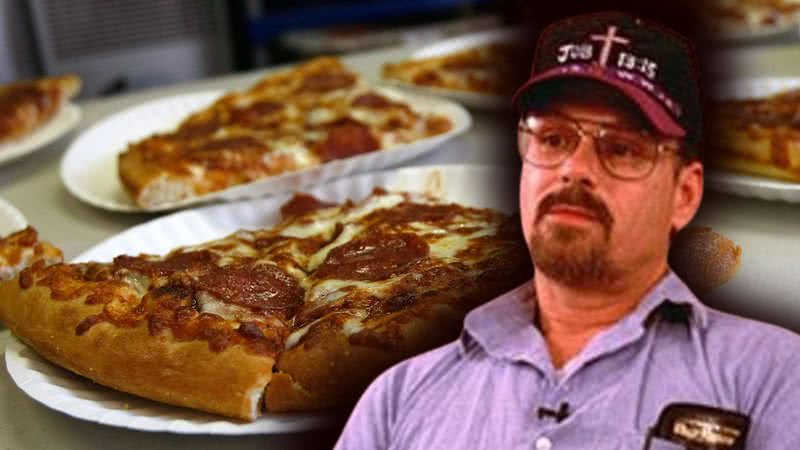 Montagem de porções de pizzas com Philip em entrevista - Getty Images - Divulgação / YouTube / WMC-TV