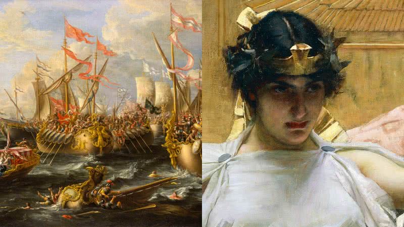 Obra representando a Batalha de Ácio (à esqu.) Cleópatra (à dir) - Wikimedia Commons