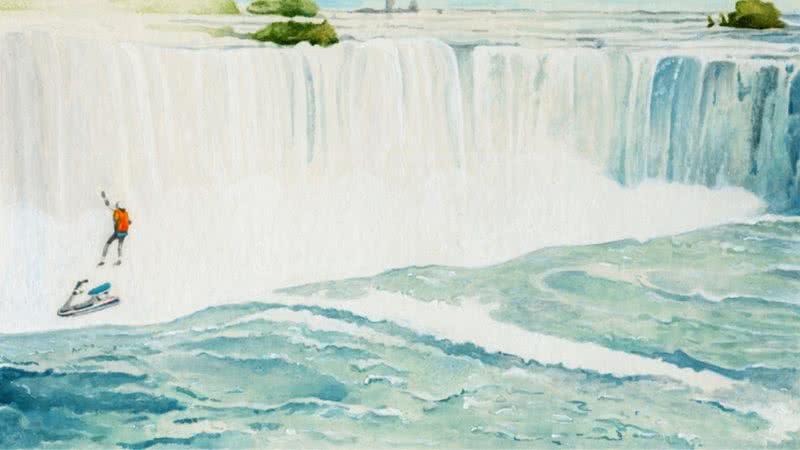 Pintura representando a queda de Robert após pular do jet ski - Divulgação/Niagara Falls Public Library