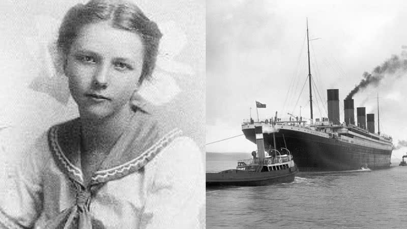 Retrato fotográfico de Ruth Becker (à esq.) junto ao Titanic após a partida (à dir.) - Wikimedia Commons