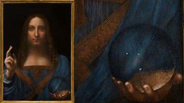 Montagem mostrando pintura Salvator Mundi à esquerda, e zoom em detalhe à direita - Divulgação/ Domínio Público