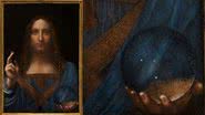 Montagem mostrando pintura Salvator Mundi à esquerda, e zoom em detalhe à direita - Divulgação/ Domínio Público