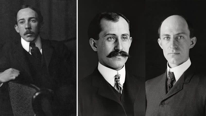 À esquerda, Santos Dumont, e, à direita, os irmãos Wright - Divulgação/ Domínio Público