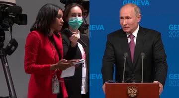 Montagem contendo a repórter Rachel Scott (esq.) e Vladmir Putin (dir.) durante coletiva - Divulgação / Vídeo / ABC7 News
