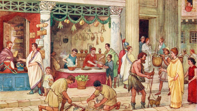 Ilustração de ruas romanas com vendedores - Getty Images