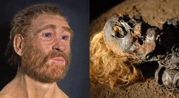 A reconstrução de seu rosto, feita em cera, e o atual estado da múmia - Divulgação