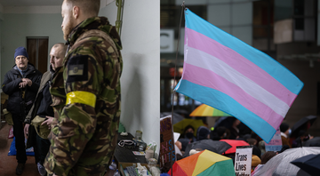 Soldados ucranianos (2022) e foto ilustrativa de uma bandeira trans - Getty Images