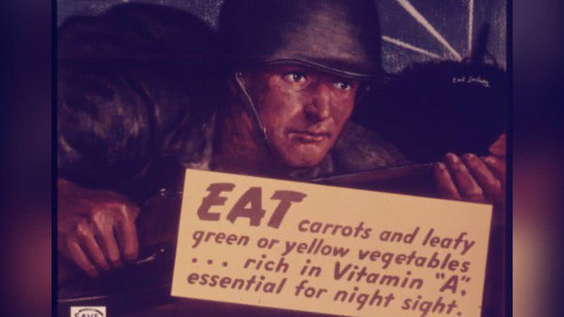 Propaganda associa combatente com suposta vantagem ocular proporcionada pelo consumo de cenouras - Domínio Público / National Archives and Records Administration