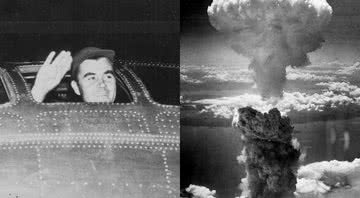 Wikimedia Commons/Montagem - Paul Tibbets dentro da aeronave B-29 Enola Gay/ Explosão da bomba atômica de Hiroshima