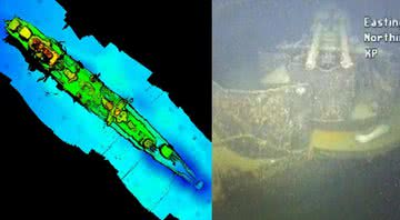 Escaneamento do navio no fundo do mar (à esq.) e fotografia de parte dele (à dir.) - Divulgação/Statnett/CBS