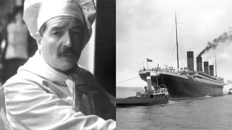 Charles John Joughin (à esq.) junto ao barco RMS Titanic no dia de sua partida (à dir.) - Divulgação / Wikimedia Commons