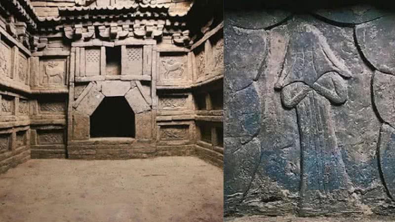 Imagens do túmulo e de uma escultura fixa na parede - Linxia Hui Autonomous Prefecture Museum