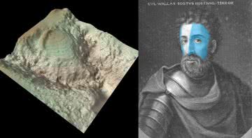 A digitalização do morro onde ficava o forte (à esq.) e um retrato de William Wallace (à dir.) - FLS by Skyscape Survey / Wikimedia Commons