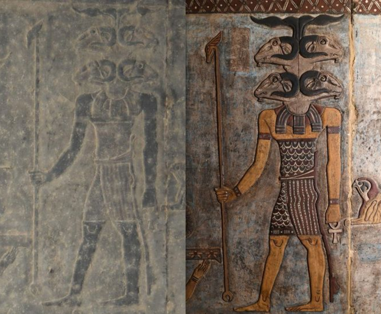 Antes e depois de restauração de imagem possivelmente referente ao deus sol egípcio, no Templo de Esna