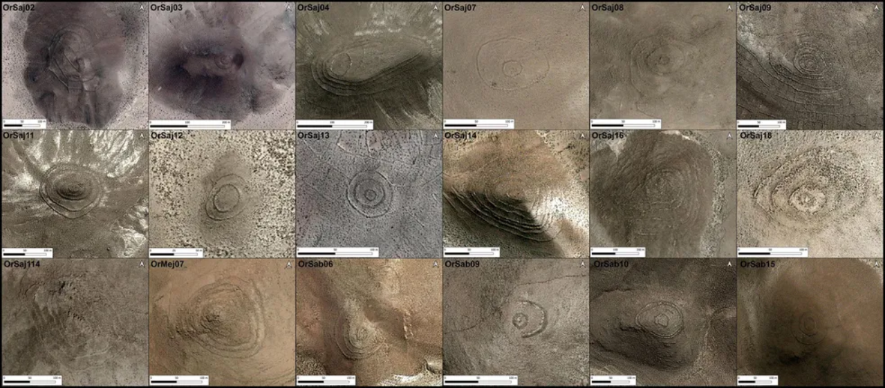 Imagens de satélite dos círculos concêntricos identificados nos andes bolivianos