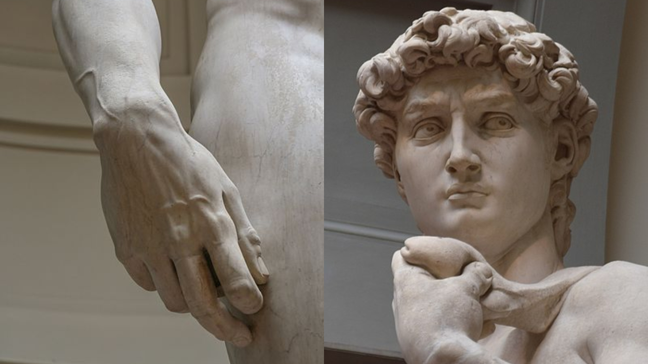 Mão e rosto da estátua 'David', de Michelangelo
