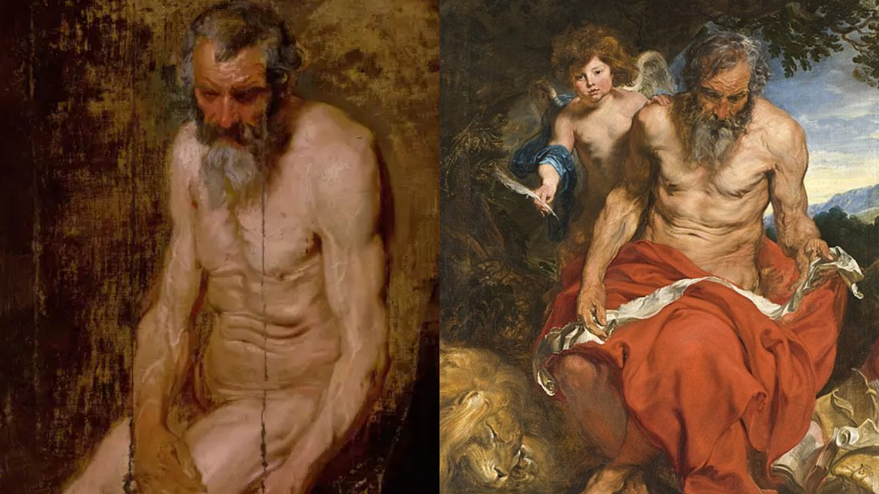 Estudo de Anthony van Dyck e a pintura 'Saint Jerome', respectivamente