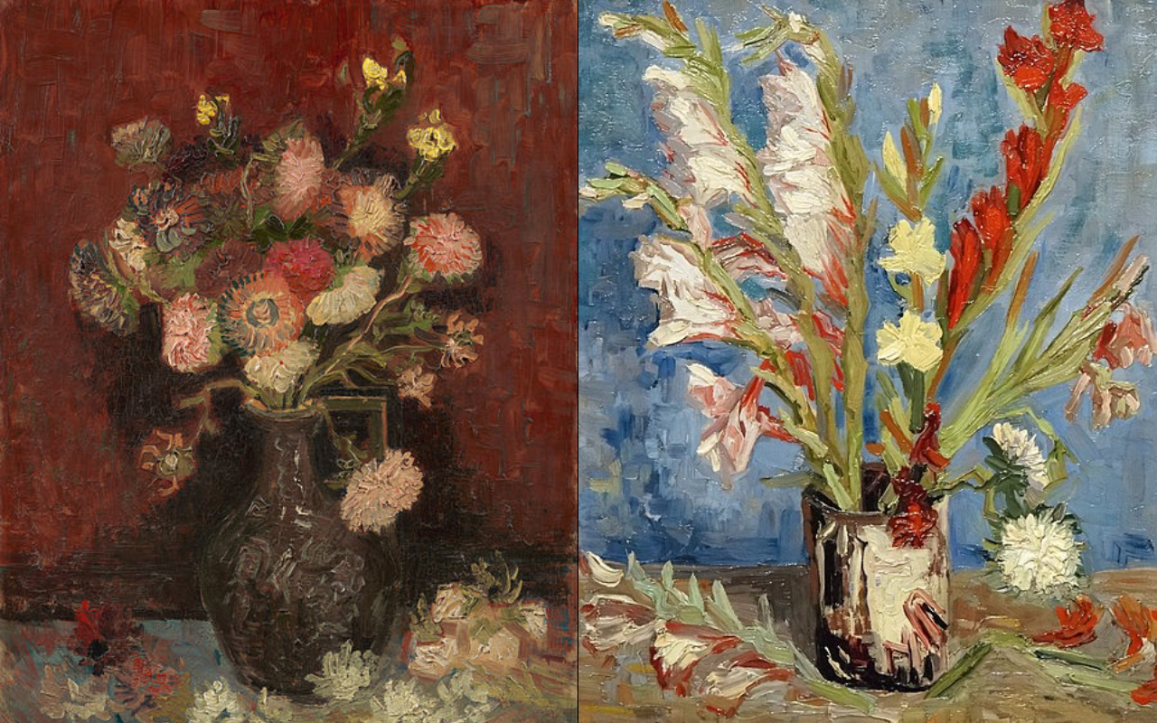 'Vaso com Ásteres Chineses e Gladíolos' e 'Vaso com Gladíolos e Ásteres Chineses', outros dois exemplos de obras de natureza morta de Vincent van Gogh