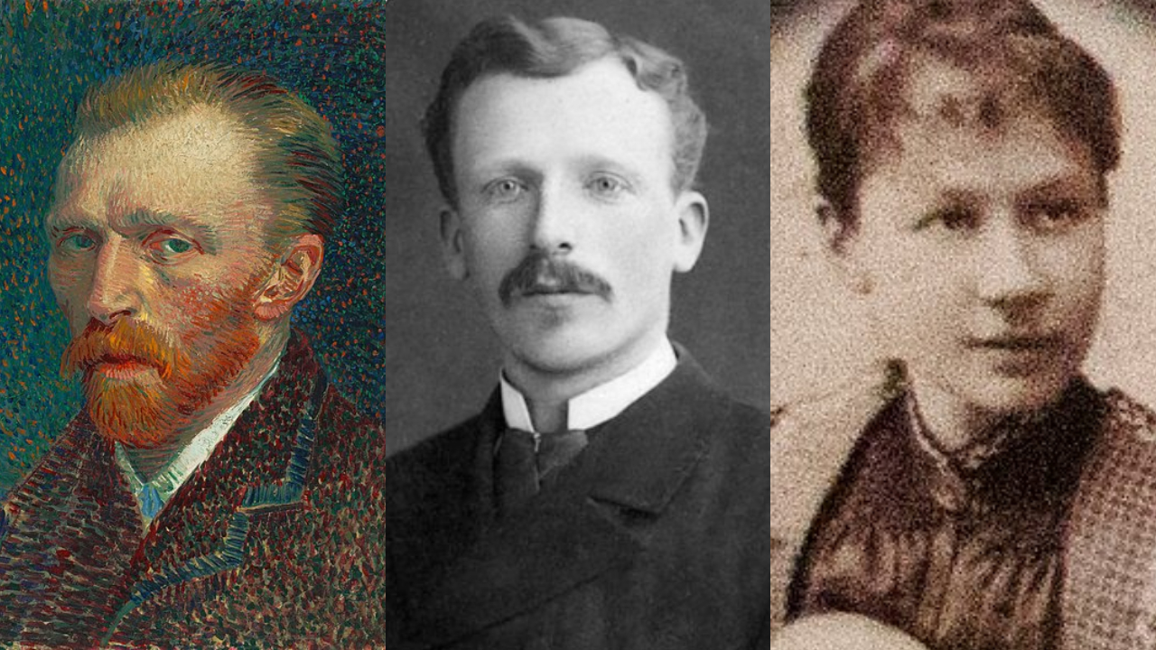Autorretrato de Vincent van Gogh, e fotografias de Theodorus e Johanna, respectivamente