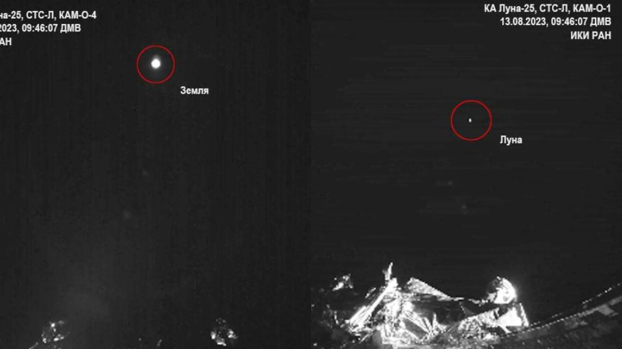 Colagem com fotografias tiradas pela Luna-25 da Terra e da Lua, respectivamente