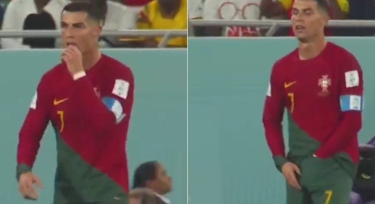 Momento em que Cristiano Ronaldo pega o chiclete do calção e coloca na boca - Reprodução/Twitter