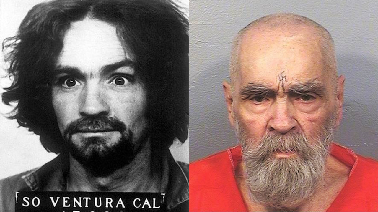 Charles Manson em fotografia da época em que foi preso e de 2017, ano em que morreu