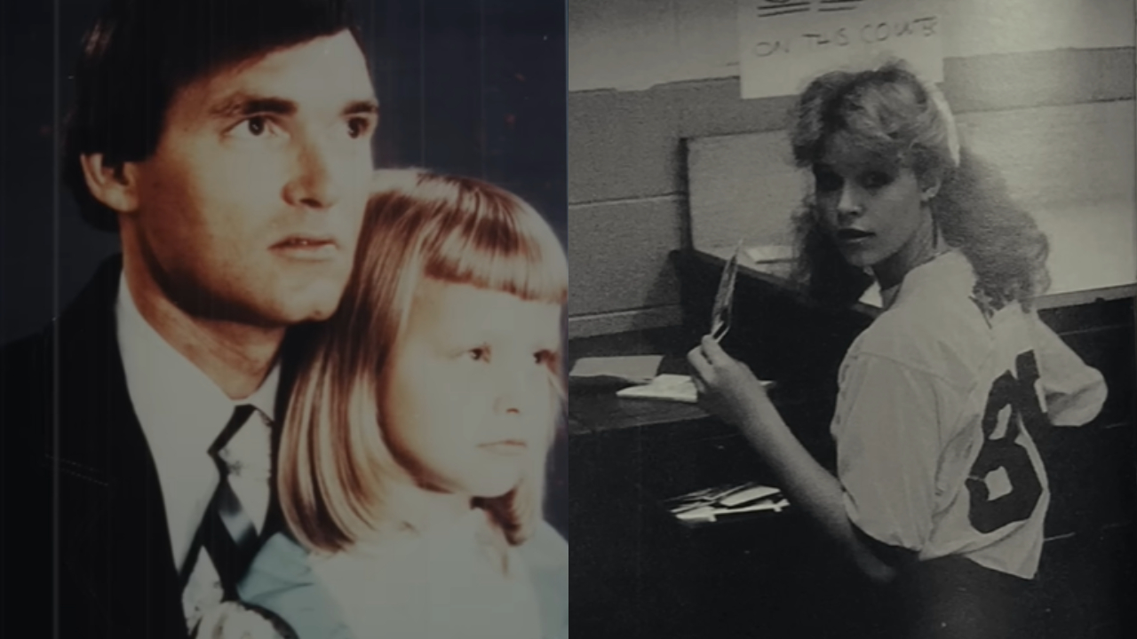 Registros fotográficos de Suzanne quando criança e Floyd, e fotografia de Suzanne no ensino médio