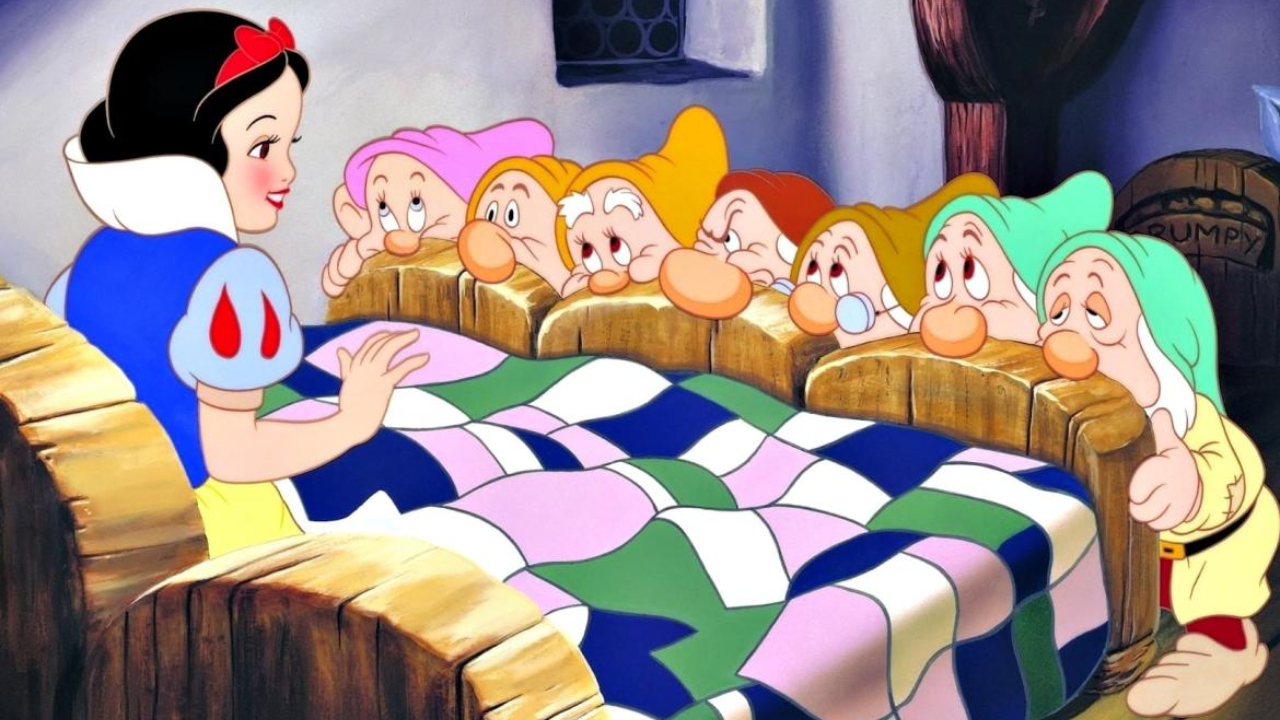 Branca de Neve encontrando os Sete Anões na clássica primeira animação da Disney