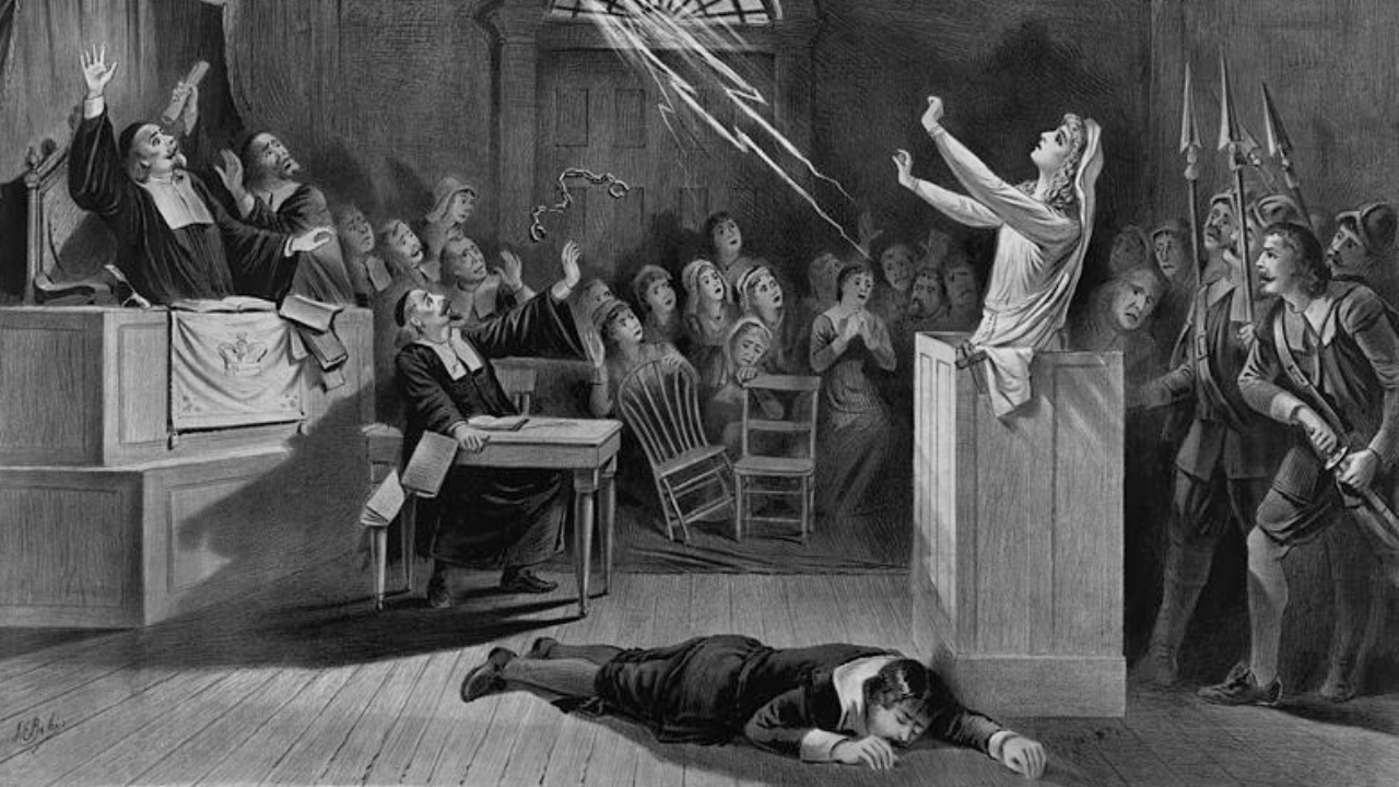 Ilustração fantasiosa de julgamento de mulher acusada de bruxaria em Salém