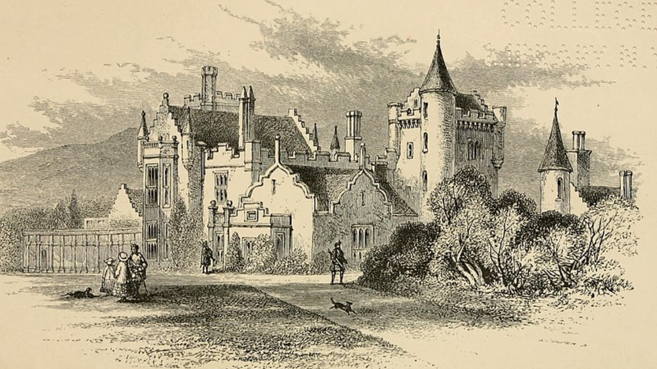 Desenho de rainha Vitória representando o Castelo de Balmoral antes das alterações
