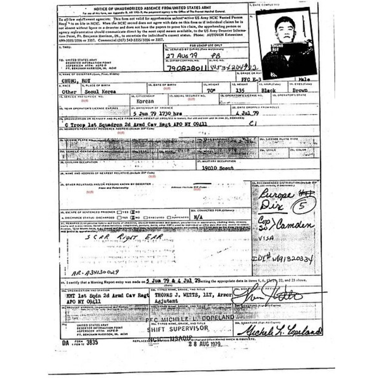 Documento de ausência não-autorizada do Exército dos Estados Unidos de Roy Chung
