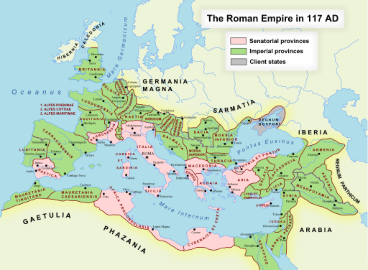 Mapa mostrando a extensão do Império Romano