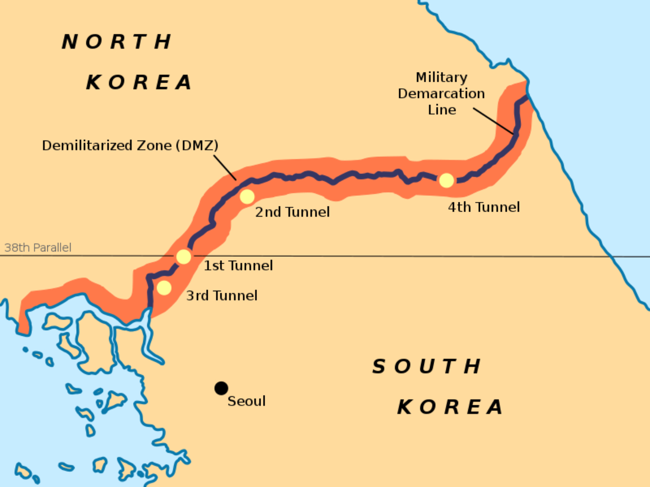 Mapa com a divisão no paralelo 38 entre Coreia do Norte e Coreia do Sul, destacando também a 